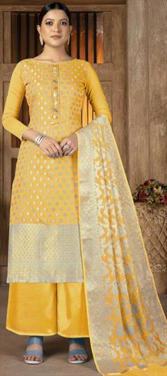 Casual, Festive Yellow color Salwar Kameez in Banarasi Silk fabric with Palazzo Weaving work : 1845581
