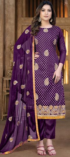 Party Wear Purple and Violet color Salwar Kameez in Chanderi Silk fabric with Straight Embroidered work : 1845725