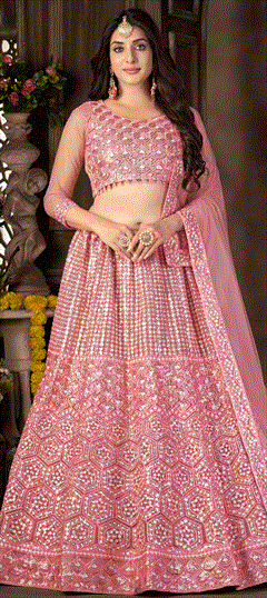 Mehendi Sangeet, Reception, Wedding Pink and Majenta color Lehenga in Net fabric with A Line Embroidered, Resham, Sequence, Zari work : 1845728