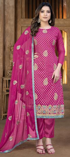 Party Wear Pink and Majenta color Salwar Kameez in Chanderi Silk fabric with Straight Embroidered work : 1845730