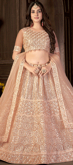 Mehendi Sangeet, Reception, Wedding Pink and Majenta color Lehenga in Net fabric with A Line Embroidered, Resham, Sequence, Zari work : 1845731