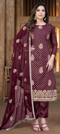 Party Wear Beige and Brown color Salwar Kameez in Chanderi Silk fabric with Straight Embroidered work : 1845732