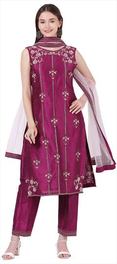 Designer, Reception Purple and Violet color Salwar Kameez in Raw Silk fabric with Straight Bugle Beads, Cut Dana, Embroidered, Moti, Resham work : 1845750