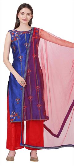 Designer, Reception Blue color Salwar Kameez in Raw Silk fabric with Straight Bugle Beads, Cut Dana, Embroidered, Moti, Resham work : 1845754