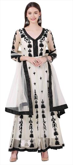Designer, Reception White and Off White color Salwar Kameez in Net fabric with Anarkali Embroidered, Resham, Stone, Thread work : 1845758