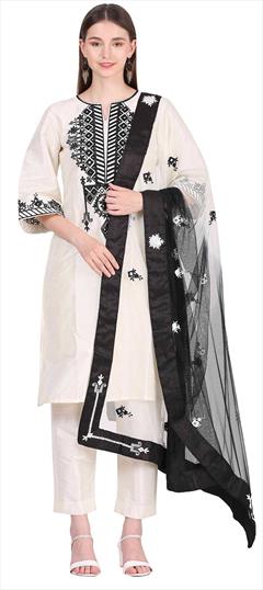 Designer, Reception White and Off White color Salwar Kameez in Raw Silk fabric with Straight Embroidered, Resham, Thread work : 1845762