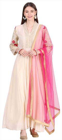 Designer, Reception Beige and Brown color Salwar Kameez in Georgette fabric with Anarkali Embroidered, Resham, Stone, Thread, Zari work : 1845765