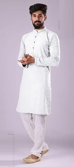 White and Off White color Kurta Pyjamas in Rayon fabric with Embroidered, Sequence, Thread work : 1846003