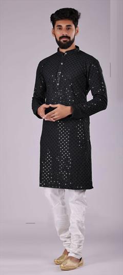 Black and Grey color Kurta Pyjamas in Rayon fabric with Embroidered, Sequence, Thread work : 1846004