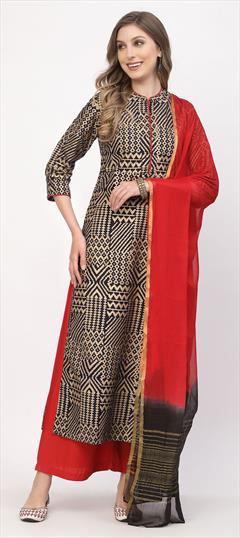 Designer, Festive, Party Wear Black and Grey color Salwar Kameez in Cotton fabric with Palazzo, Straight Printed work : 1846026