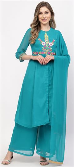 Designer, Festive, Party Wear Green color Salwar Kameez in Georgette fabric with Palazzo, Straight Embroidered work : 1846029