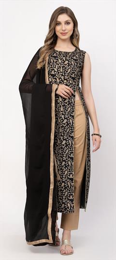 Designer, Festive, Party Wear Black and Grey color Salwar Kameez in Cotton fabric with Slits Printed work : 1846030