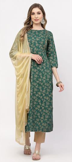 Designer, Festive, Party Wear Green color Salwar Kameez in Cotton fabric with Straight Printed work : 1846031