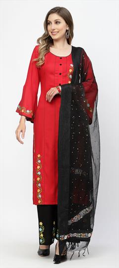 Designer, Festive, Party Wear Red and Maroon color Salwar Kameez in Rayon fabric with Palazzo, Straight Embroidered work : 1846032
