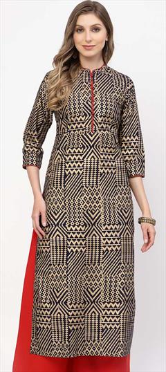 Designer Black and Grey color Kurti in Cotton fabric with Long Sleeve, Straight Printed work : 1846046