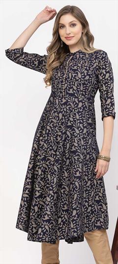 Designer Blue color Kurti in Cotton fabric with A Line, Long Sleeve Printed work : 1846050