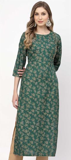 Designer Green color Kurti in Cotton fabric with Long Sleeve, Straight Printed work : 1846051