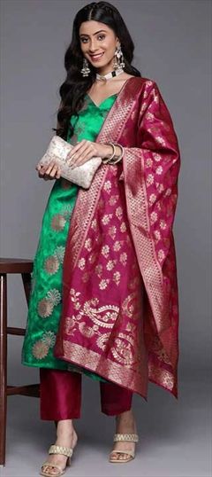 Casual Blue color Salwar Kameez in Banarasi Silk fabric with Straight Weaving work : 1846090