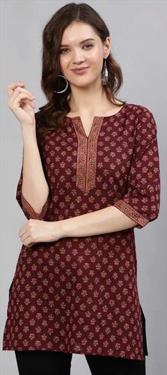 Casual Red and Maroon color Kurti in Cotton fabric with Long Sleeve, Straight Printed work : 1846096