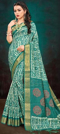 Festive, Traditional Blue color Saree in Cotton, Silk fabric with Classic Printed, Weaving work : 1846168