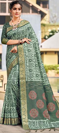 Festive, Traditional Green color Saree in Cotton, Silk fabric with Classic Printed, Weaving work : 1846178