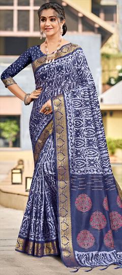 Festive, Traditional Blue color Saree in Cotton, Silk fabric with Classic Printed, Weaving work : 1846184