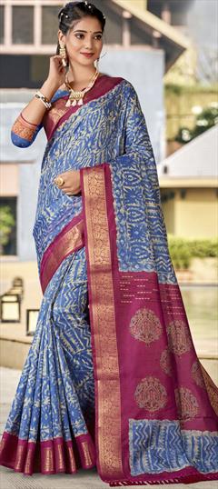 Festive, Traditional Blue color Saree in Cotton, Silk fabric with Classic Printed, Weaving work : 1846186