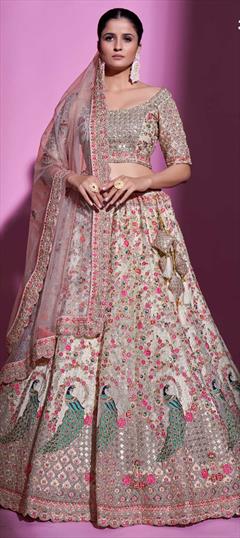 Bridal, Designer, Wedding Beige and Brown color Lehenga in Net fabric with A Line Sequence, Stone, Thread work : 1846232