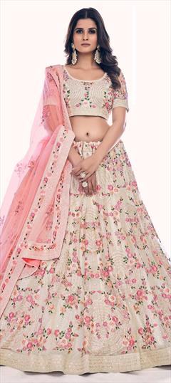 Designer, Engagement, Wedding White and Off White color Lehenga in Net fabric with A Line Sequence, Thread, Zircon work : 1846241