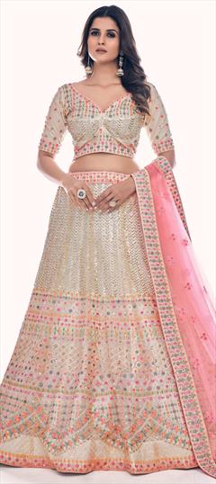 Designer, Engagement, Wedding White and Off White color Lehenga in Net fabric with A Line Sequence, Thread, Zircon work : 1846243