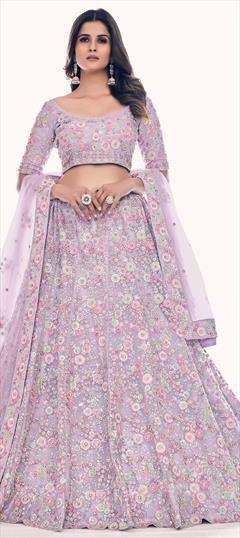 Designer, Engagement, Wedding Purple and Violet color Lehenga in Net fabric with A Line Sequence, Thread, Zircon work : 1846246