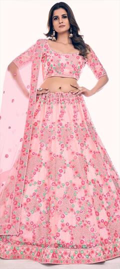 Designer, Engagement, Wedding Pink and Majenta color Lehenga in Net fabric with A Line Sequence, Thread, Zircon work : 1846254