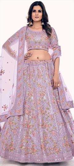 Designer, Engagement, Wedding Purple and Violet color Lehenga in Net fabric with A Line Sequence, Thread, Zircon work : 1846255