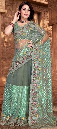 Reception, Wedding Green color Saree in Net fabric with Classic Embroidered, Resham, Sequence work : 1846305