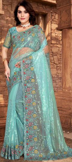 Reception, Wedding Blue color Saree in Net fabric with Classic Embroidered, Resham, Sequence work : 1846311