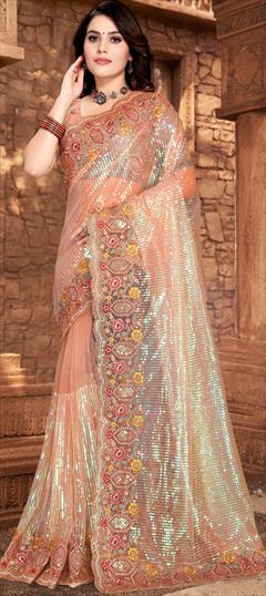 Reception, Wedding Pink and Majenta color Saree in Net fabric with Classic Embroidered, Resham, Sequence work : 1846314