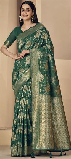 Traditional Green color Saree in Linen fabric with Bengali Weaving work : 1846331