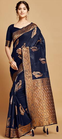 Traditional Blue color Saree in Linen fabric with Bengali Weaving work : 1846335