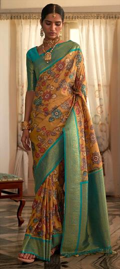 Festive, Traditional Yellow color Saree in Tussar Silk fabric with Classic Printed, Weaving work : 1846366