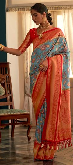 Festive, Traditional Blue color Saree in Tussar Silk fabric with Classic Printed, Weaving work : 1846369