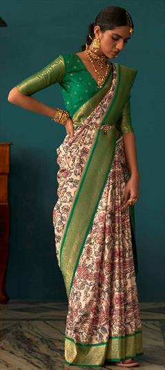 Festive, Traditional White and Off White color Saree in Tussar Silk fabric with Classic Printed, Weaving work : 1846370