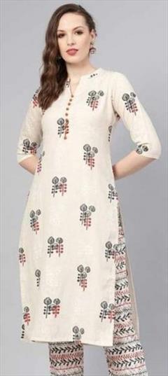 Casual White and Off White color Tunic with Bottom in Cotton fabric with Straight Printed work : 1846434