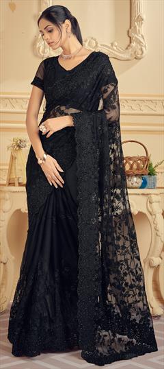 Reception, Wedding Black and Grey color Saree in Net fabric with Classic Embroidered, Moti, Resham, Stone, Thread work : 1846443
