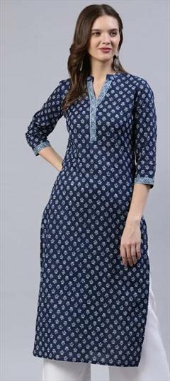 Casual Blue color Kurti in Cotton fabric with Straight Printed work : 1846445
