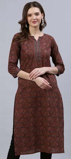 Casual Beige and Brown color Kurti in Cotton fabric with Straight Printed work : 1846450