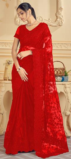 Reception, Wedding Red and Maroon color Saree in Net fabric with Classic Embroidered, Moti, Resham, Stone, Thread work : 1846452