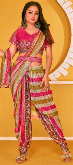 Festive Multicolor color Readymade Saree in Net fabric with Dhoti Digital Print, Embroidered, Sequence work : 1846473