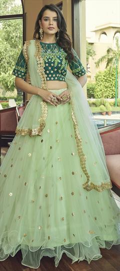Party Wear Green color Lehenga in Net fabric with A Line Sequence work : 1846479