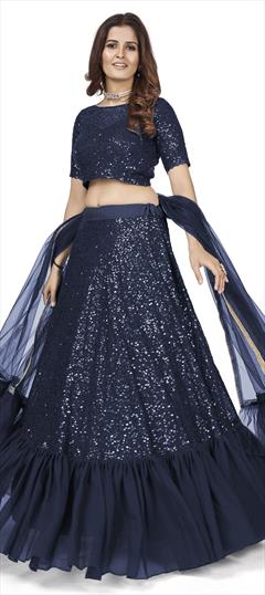 Party Wear Blue color Lehenga in Georgette fabric with A Line Sequence work : 1846504