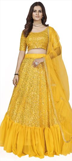 Party Wear Yellow color Lehenga in Georgette fabric with A Line Sequence work : 1846507